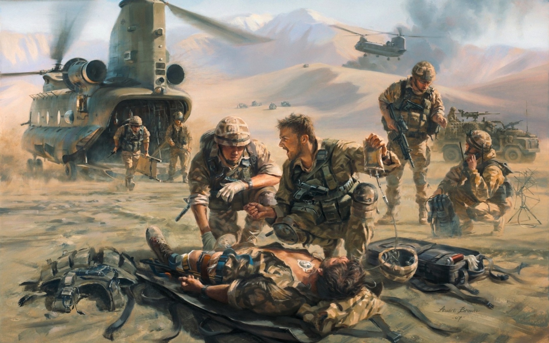art, Painting, Military, Battles, War, Warriors, Soldiers, Vehicles, Helicopters, Weapons, Landscapes Wallpaper