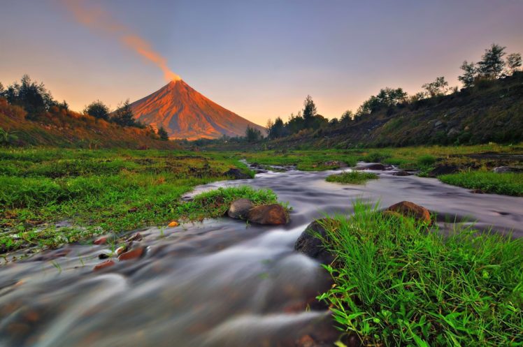 landscape, Nature, Mountain, River, Creek, Grass, Volcano, Mayon, Volcano, Philippines HD Wallpaper Desktop Background