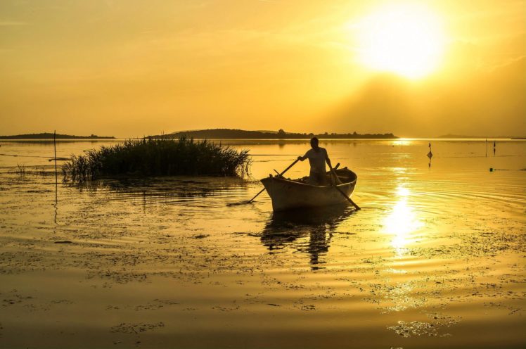 landscape, Nature, Lake, River, Sunset, Boat, Sun, Fishing HD Wallpaper Desktop Background