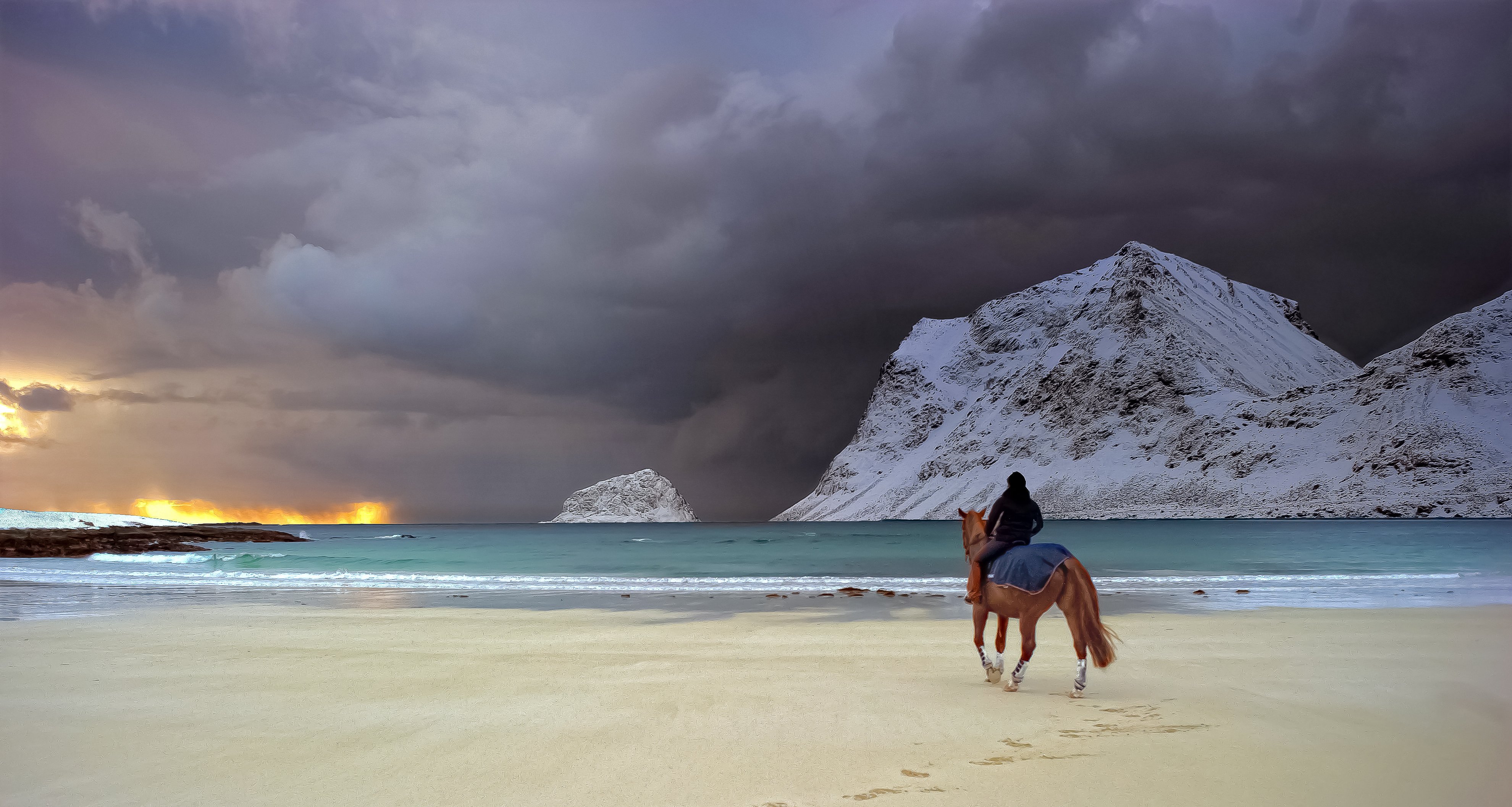 mountains, Rain, Snow, Sand, Sea, Coast, Winter, Mood, Horse, Beach Wallpaper