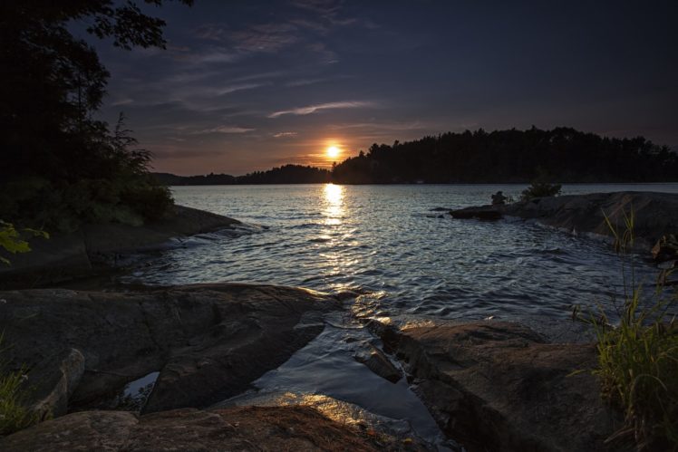 lake, Forest, Sunset HD Wallpaper Desktop Background