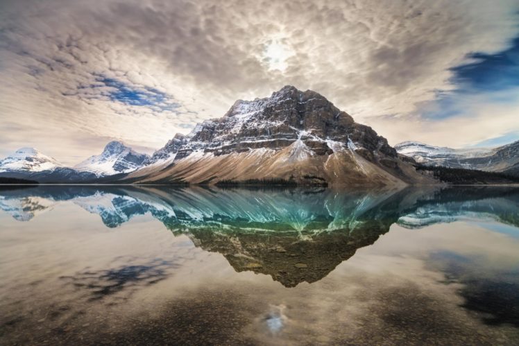landscape, Mountains, Lake, Clouds, Reflection, Lake, Bow, Mount, Crowfoot, Alberta, Canada HD Wallpaper Desktop Background