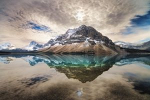 landscape, Mountains, Lake, Clouds, Reflection, Lake, Bow, Mount, Crowfoot, Alberta, Canada