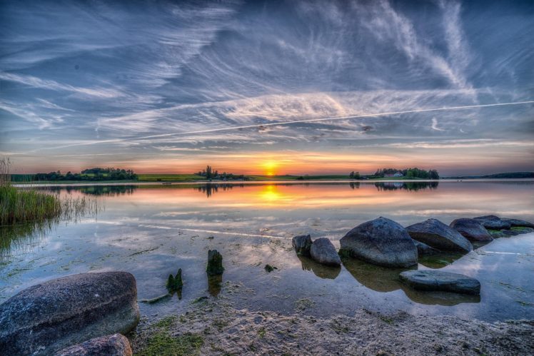 sun, Lake, Sky, Clouds, Stones HD Wallpaper Desktop Background