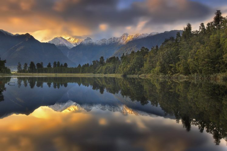 landscape, Nature, Sunset, Mountains, Lake, Forest, Reflection, Lake, Matheson, Southern, Alps, New, Zealand HD Wallpaper Desktop Background
