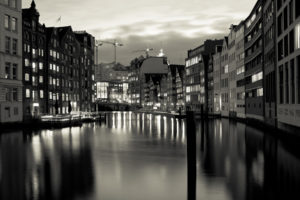 buildings, Canal, Bw
