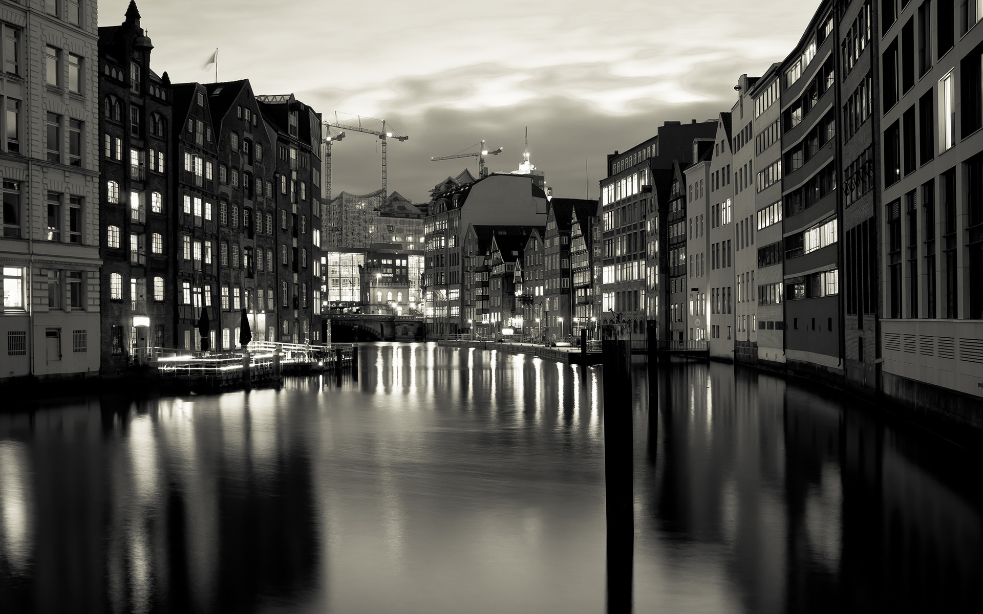 buildings, Canal, Bw Wallpaper
