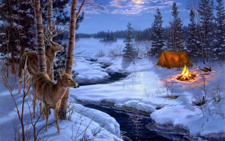darrell, Bush, Moon, Shadows, Painting, Winter, Snow, Animals, Deer HD Wallpaper Desktop Background