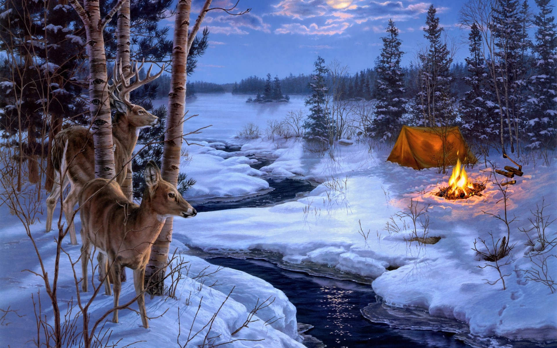 darrell, Bush, Moon, Shadows, Painting, Winter, Snow, Animals, Deer Wallpaper
