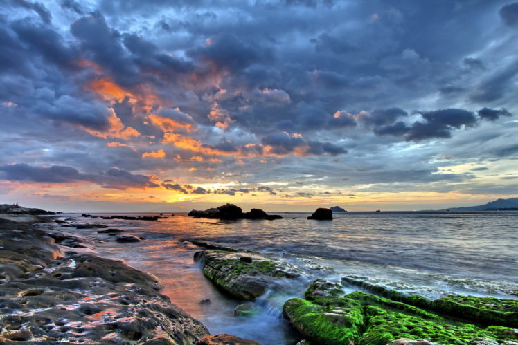 , , 1, Landscapes, Beaches, Shore, Coast, Waves, Hdr, Stone, Rocks, Ocean, Sea, Islands, Sky, Clouds, Sunset, Sunrise HD Wallpaper Desktop Background