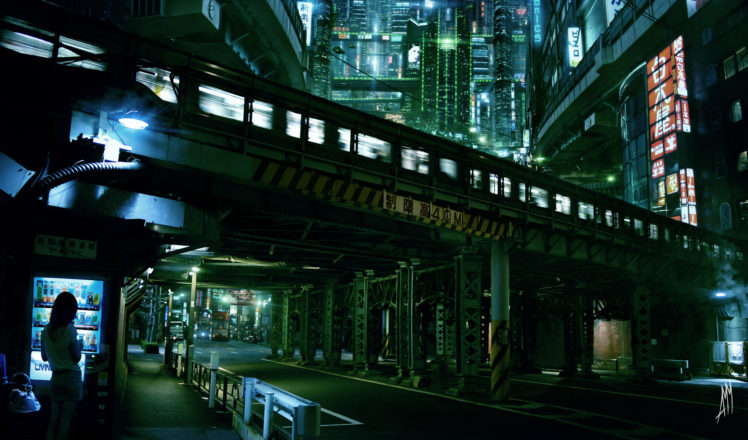 cyberpunk, City, Lights, Futuristic, Skyscrapers, Train, Tokyo, Amm, Sci, Fi, Science, Architecture, Buildings, Cities HD Wallpaper Desktop Background
