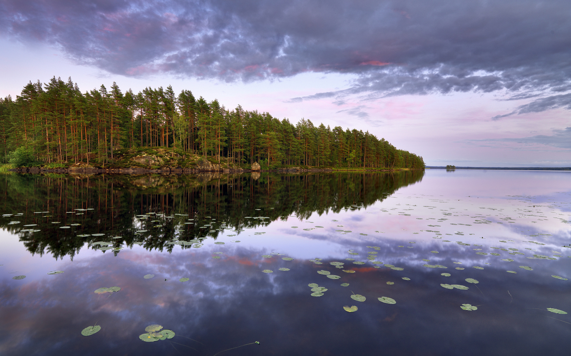 , 1, Landscapes, Lakes, Reflection, Islands, Sky, Clouds, Trees, Forest, Woods Wallpaper