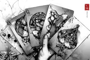 , 1, Asian, Oriental, Cards, Fantasy, Drawing, Art, Koi, Creature, Cigarettes