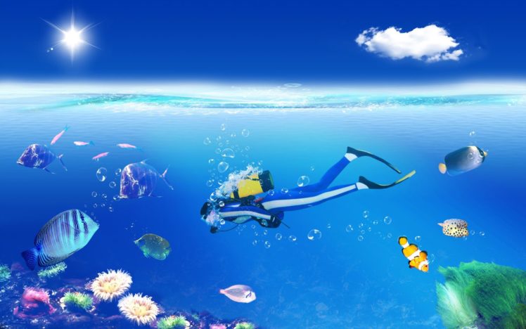 , 1, Scuba, Diving, Art, Vector, Tropical, Sports, Fishes, Ocean, Sea, Underwater, Bubbles HD Wallpaper Desktop Background