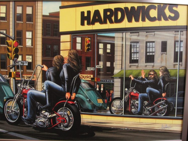 , 1, Motorcycle, Reflection, Drawing, Biker, Chopper, Bike, Motorbike, Women, Men, Brunettes HD Wallpaper Desktop Background