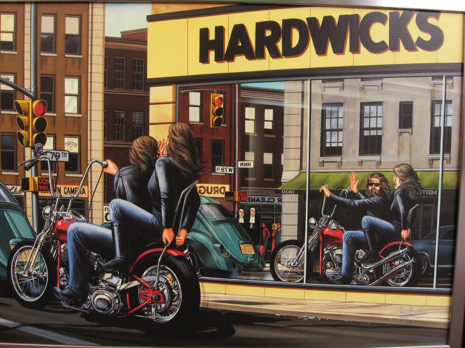 , 1, Motorcycle, Reflection, Drawing, Biker, Chopper, Bike, Motorbike, Women, Men, Brunettes Wallpaper