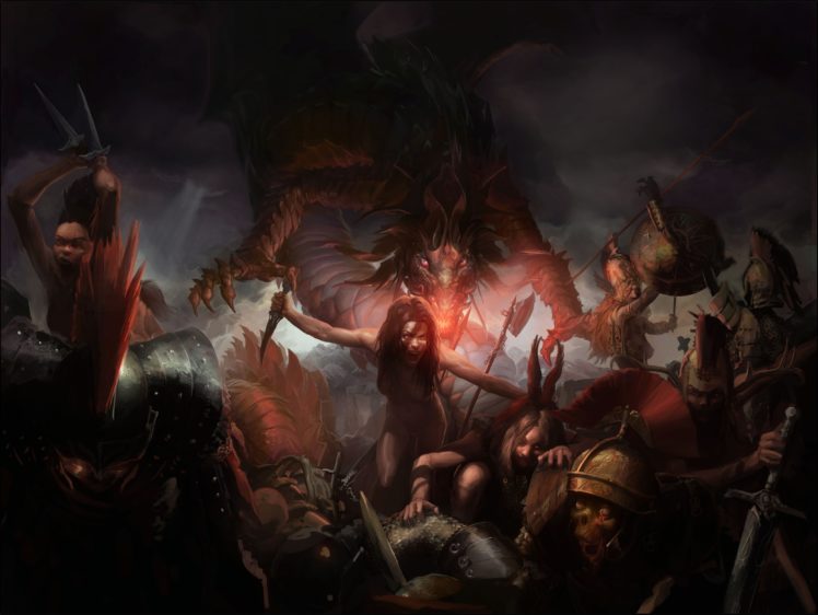fantasy, Art, Dark, Battle, Warriors, Women, Girls, Weapons, Sword, Monsters, Creatures, Blood, Dragons HD Wallpaper Desktop Background