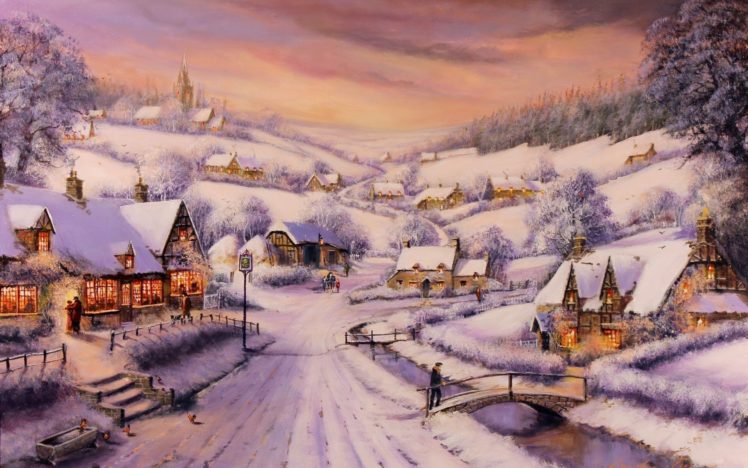 gordon, Lees, Art, Paintings, Christmas, Snow, Houses, Rustic, People, Town HD Wallpaper Desktop Background