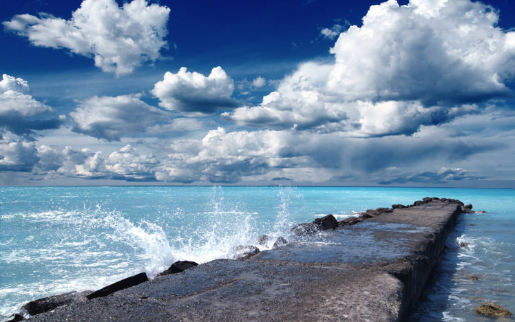 dock, Pier, Ocean, Sea, Sky, Clouds, Waves HD Wallpaper Desktop Background