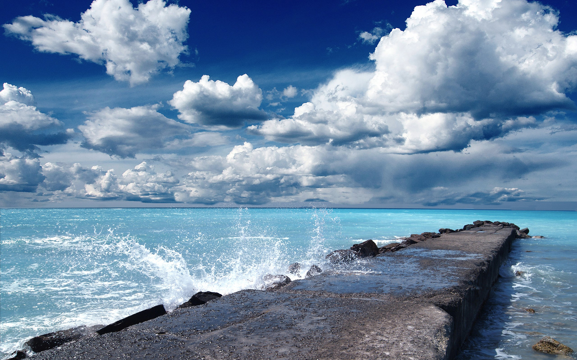 dock, Pier, Ocean, Sea, Sky, Clouds, Waves Wallpaper