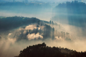 landscapes, Hills, Fog, Autumn, Fall, Sunlight, Filtered, Beams, Rays