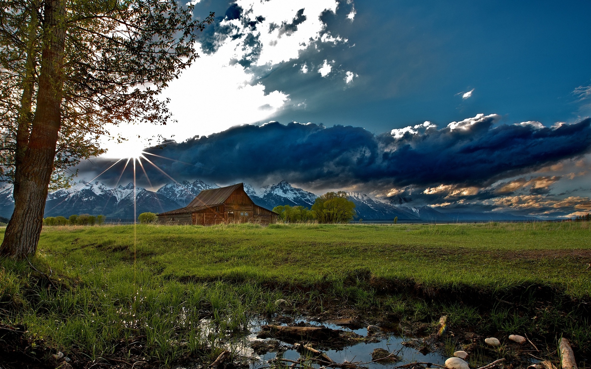 nature, Landscapes, Rustic, Mountains, Sky, Clouds, Sunrise, Sunset, Trees, Barn, Farm Wallpaper