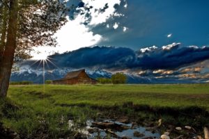 nature, Landscapes, Rustic, Mountains, Sky, Clouds, Sunrise, Sunset, Trees, Barn, Farm
