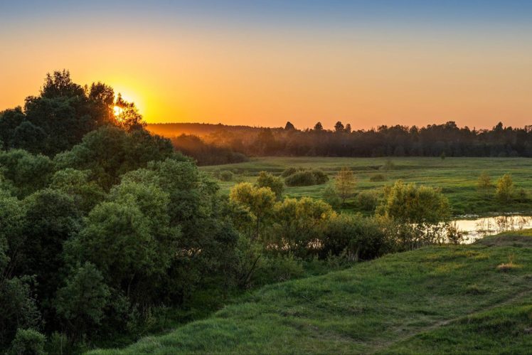 landscape, Nature, Dawn, Morning, River, Trees, Grass HD Wallpaper Desktop Background