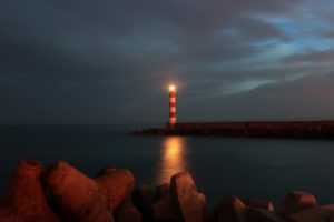 pier, Lighthouse, Twilight, Beach, Sea