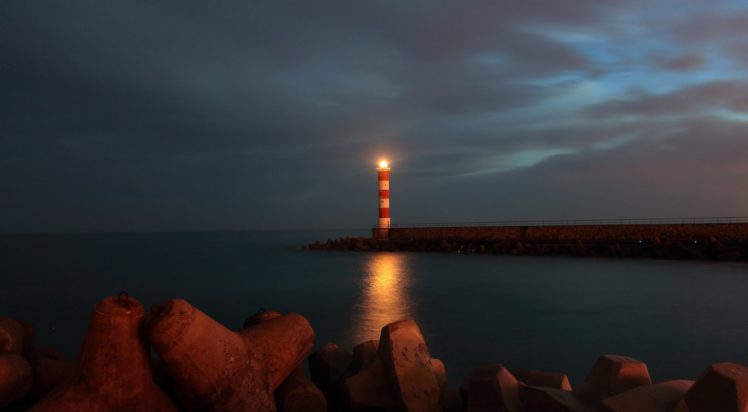 pier, Lighthouse, Twilight, Beach, Sea HD Wallpaper Desktop Background
