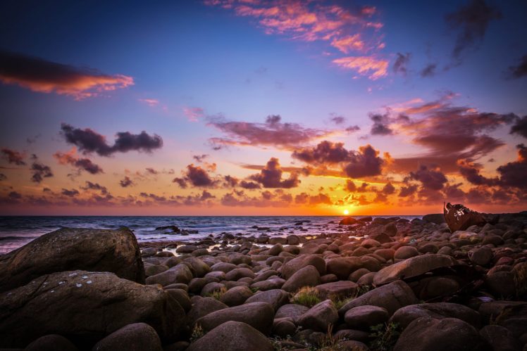 sun, Morning, Sunrise, Beach, Stones, Sea HD Wallpaper Desktop Background