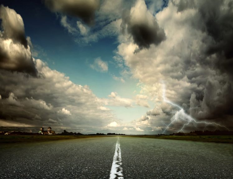road, Sky, Clouds, Lightning, Asphalt, Nature, Storm, Lightning HD Wallpaper Desktop Background