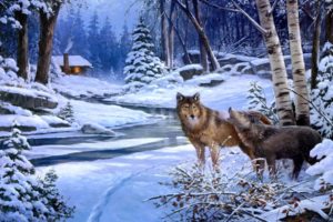 wolves, Wolf, Art, Paintings, Landscapes, Winter, Snow, Rivers, Cabin, Houses, Rustic, Trees, Forest, Woods
