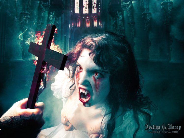 avelina, De, Moray, Dark, Horror, Vampires, Halloween, Evil, Cross, Women, Girl, Blood HD Wallpaper Desktop Background