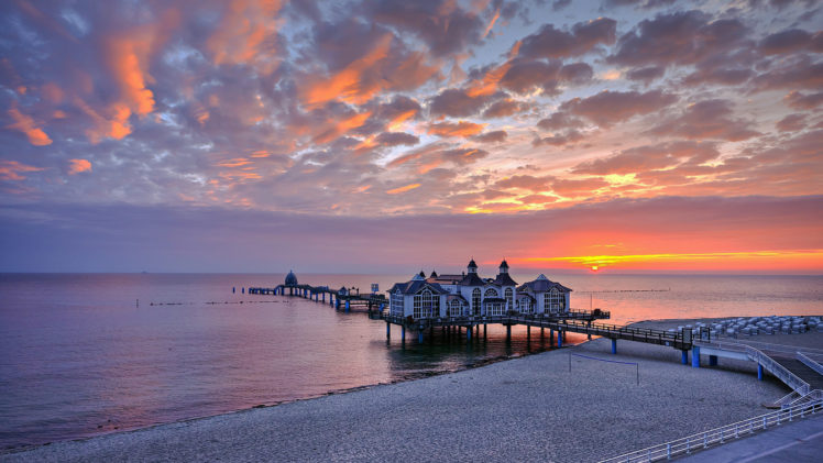 dock, Pier, Buildings, Sunset, Sunrise, Nature, Sky, Clouds, Ocean, Sea HD Wallpaper Desktop Background