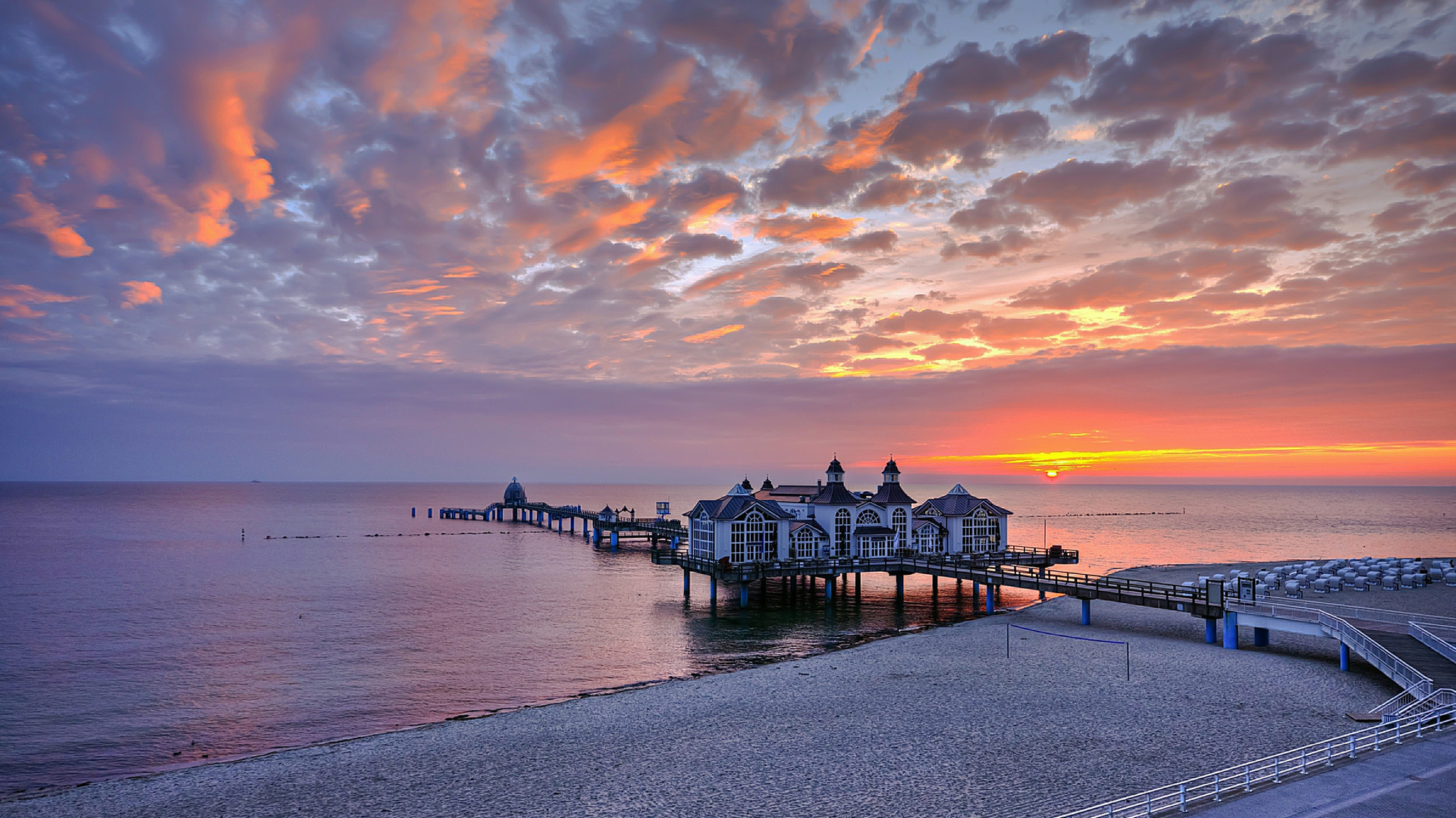 dock, Pier, Buildings, Sunset, Sunrise, Nature, Sky, Clouds, Ocean, Sea Wallpaper
