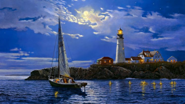art, Paintaings, Love, Romance, Sailing, Boats, Architecture, Lighthouse, Night, Mood, Sky, Clouds, Moon HD Wallpaper Desktop Background