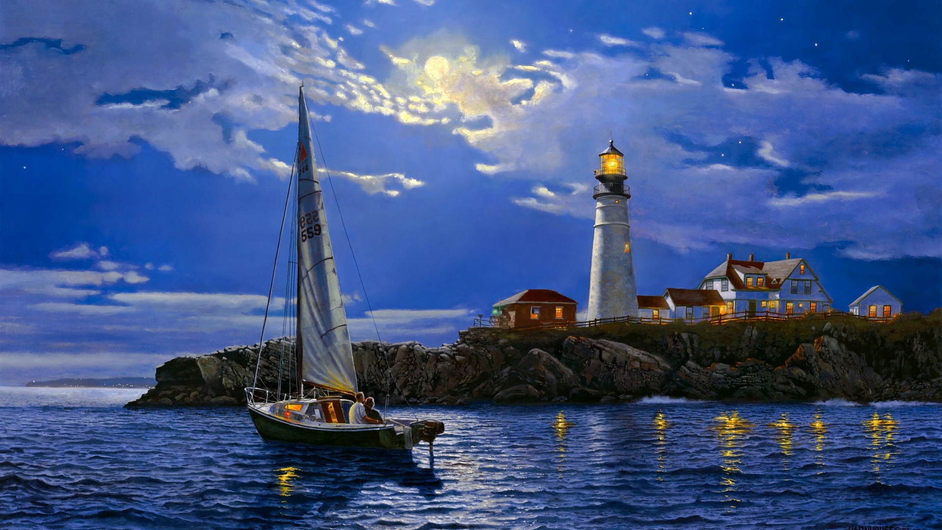 art, Paintaings, Love, Romance, Sailing, Boats, Architecture, Lighthouse, Night, Mood, Sky, Clouds, Moon Wallpaper