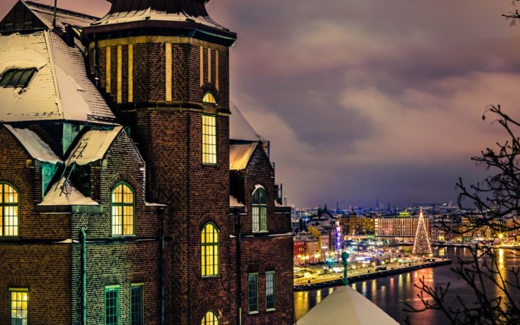 sweden, Stockholm, Cities, Winter, Snow, Architecture, Buildings, Night, Lights, Rivers, Reflection HD Wallpaper Desktop Background