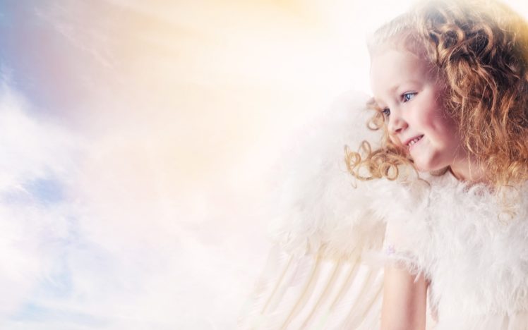 children, Girls, Females, Angels, Cute, Wings, Mood, Blondes, Sky, Clouds, Fantasy HD Wallpaper Desktop Background