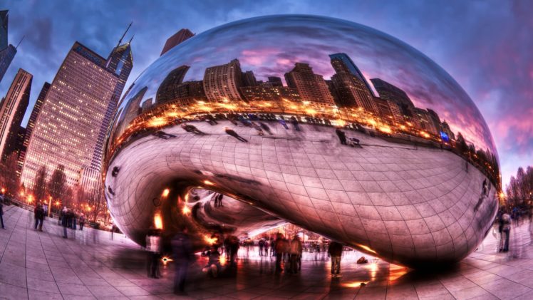 cities, Chicago, Millennium, Park, People, Clouds, Hdr, Exposure, Fish eye, Reflection, Buildings, People HD Wallpaper Desktop Background