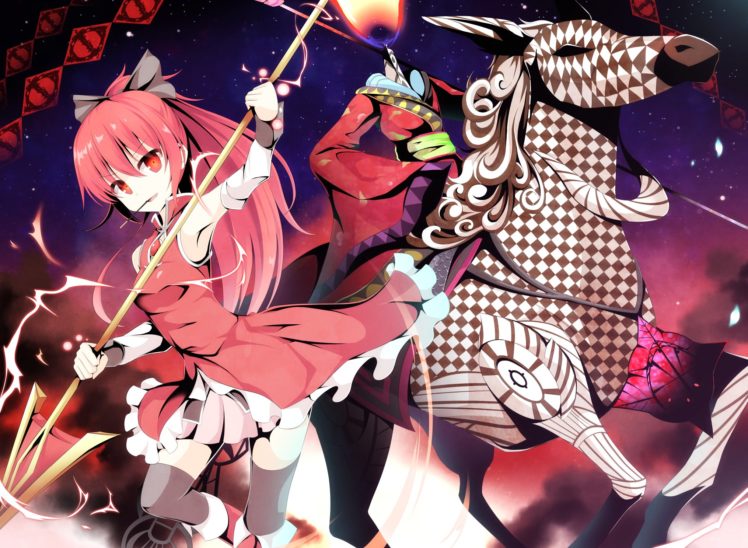 animal, Horse, Mahou, Shoujo, Madoka, Magica, Pen zin, Red, Hair, Sakura, Kyouko, Thighhighs, Weapon HD Wallpaper Desktop Background