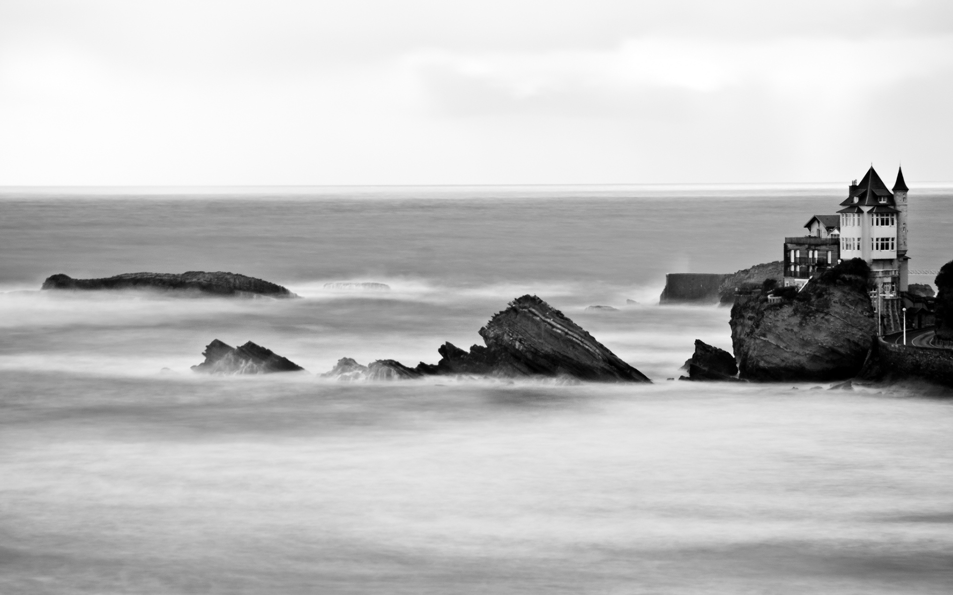 architecture, Buildings, Houses, Islands, Nature, Ocean, Sea, Sky, Black, White Wallpaper