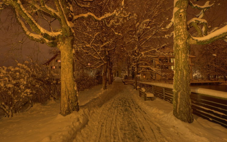 landscapes, Park, Bench, Winter, Snow, Night, Trees, Roads, Path, Trail HD Wallpaper Desktop Background