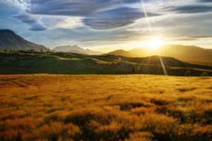 nature, Landscapes, Meadow, Fields, Mountains, Sky, Clouds, Sunset, Sunrise