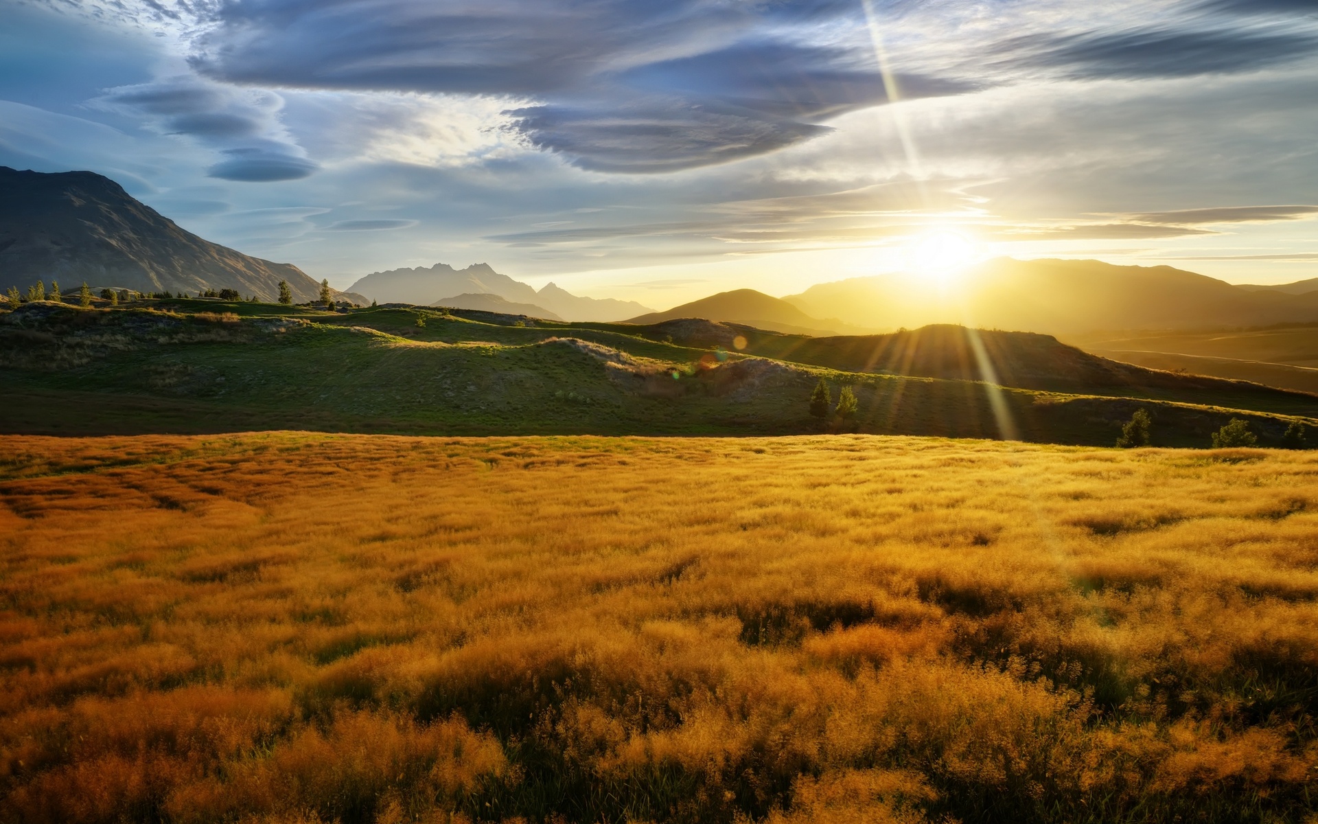 nature, Landscapes, Meadow, Fields, Mountains, Sky, Clouds, Sunset