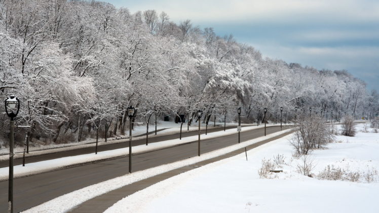 nature, Landscapes, Winter, Snow, Trees, Roads, Lamp, Post, Sky, Clouds HD Wallpaper Desktop Background