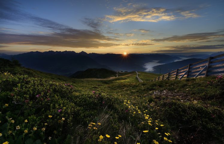 flowers, Mountains, Fence, Sunrise, Sun HD Wallpaper Desktop Background