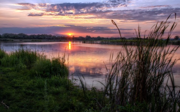 nature, Landscapes, Lakes, Reflection, Sky, Clouds, Reeds, Sunset, Sunrise HD Wallpaper Desktop Background