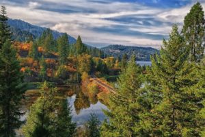 nature, Landscapes, Lakes, Trees, Forest, Autumn, Fall, Woods, Railroad, Tracks, Mountains, Hills, Sky, Clouds, Hdr